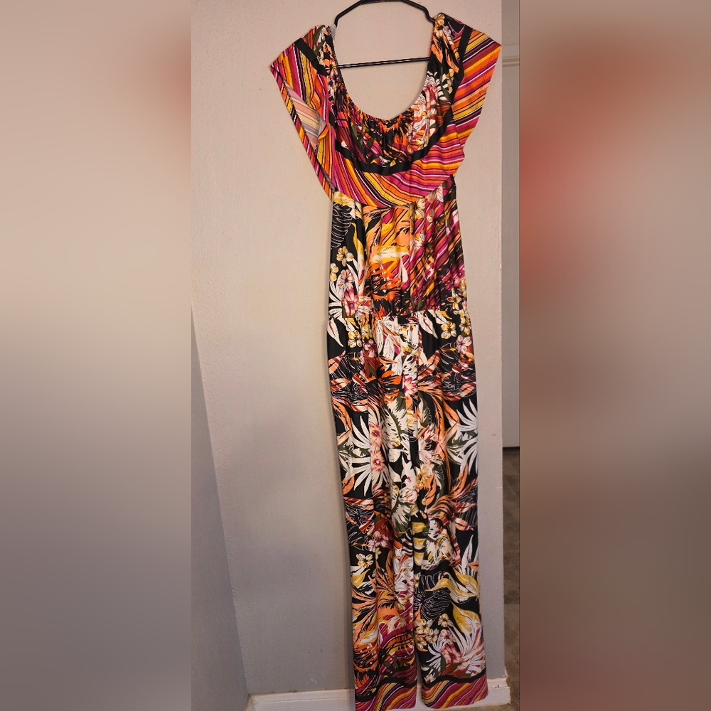 Avenue Plus Size Tropical Floral Striped Romper Jumpsuit